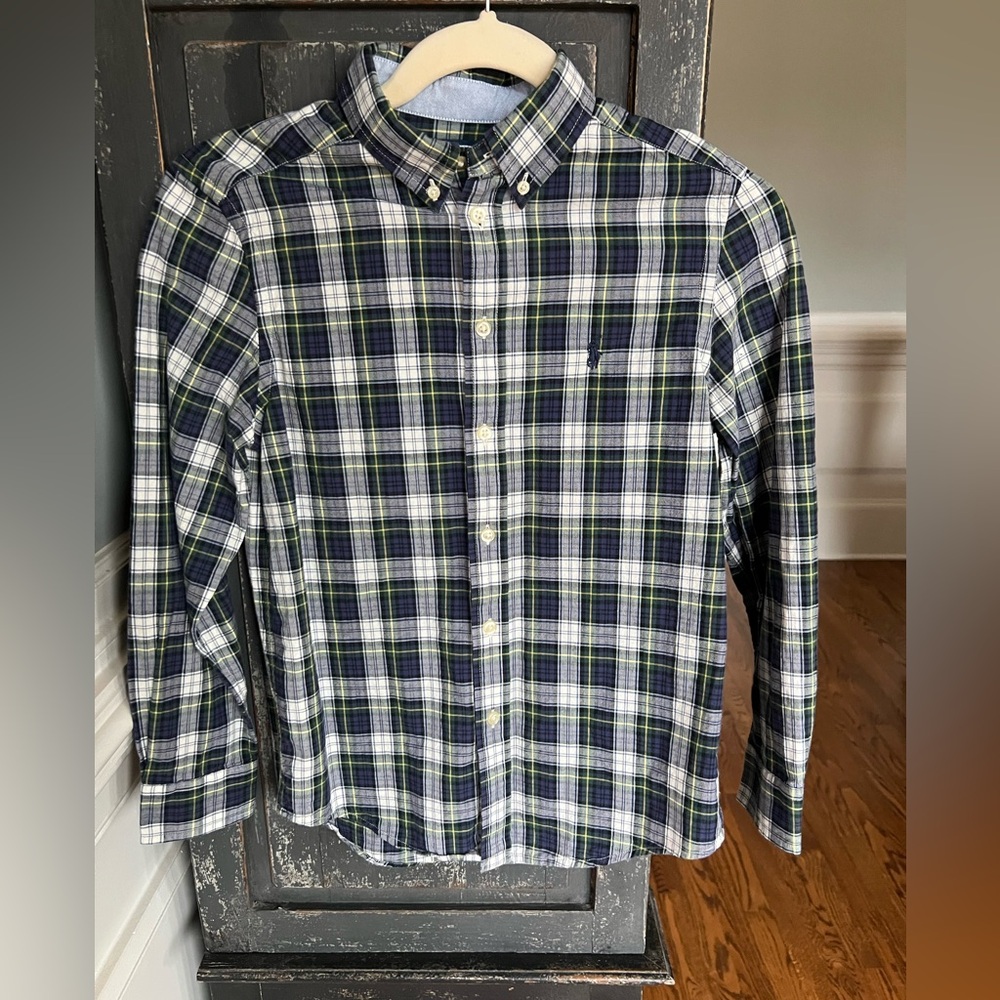Boys Ralph Lauren Navy and Green Plaid Shirt Sz M (10-12) excellent used